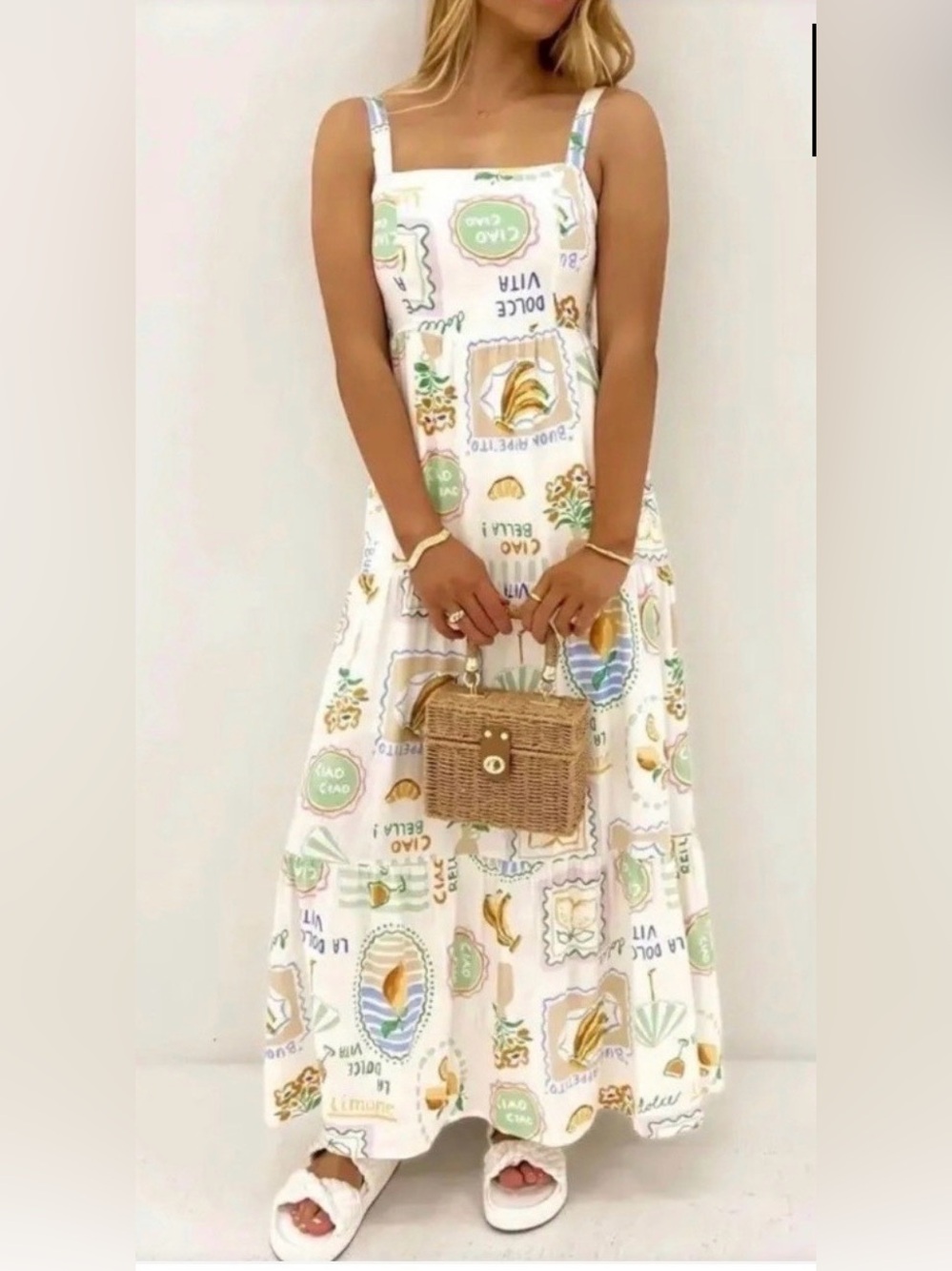 Paper Heart Womens Italian Theme Dress Linen Blend Sz Large Fruits Dolce Vita
